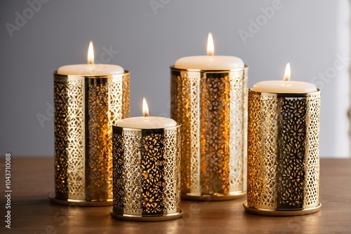 Four golden metal candle holders with white candles in them are arranged on a wooden table.