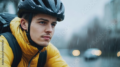 Cyclist wearing a helmet for safety while riding Emphasizing the importance of protection in cycling activities photo