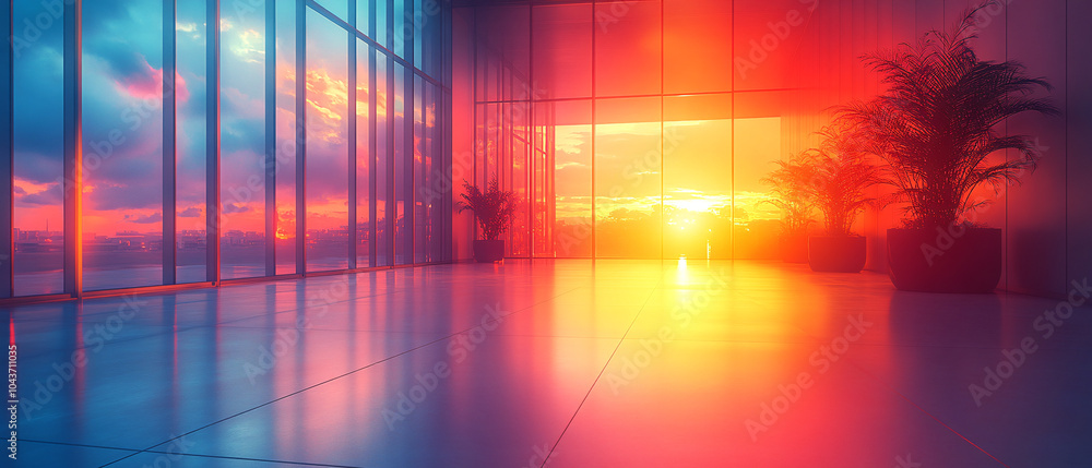 Modern Office Interior With Sunset View Through Large Windows Modern Office Interior With Sunset View Through Large Windows