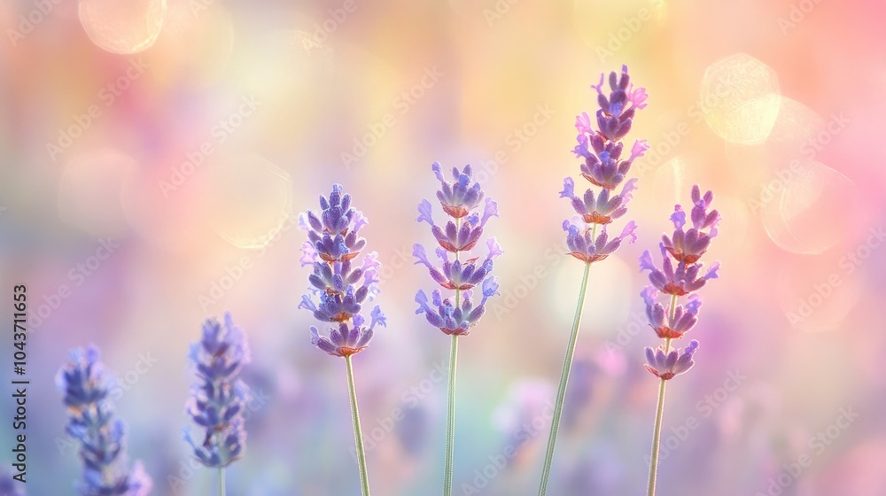 Naklejka premium Lavender flowers bloom with a soft focus against a delicate pastel backdrop
