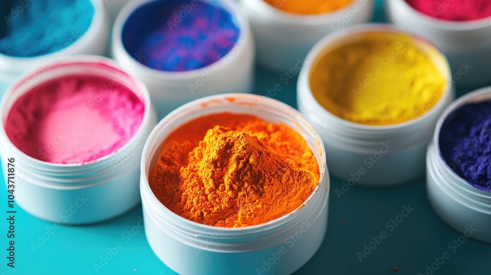 Assortment of vibrant powders in small containers on a table with space for text or branding Assortment of vibrant powders in small containers on a table with space for text or branding