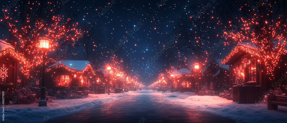 Fototapeta premium Magical Winter Night Scene with Snowy Street, Red Lights, and Stars, and St