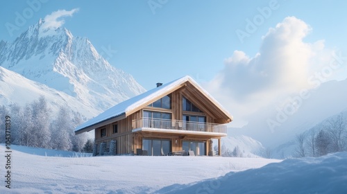 A cozy wooden chalet surrounded by snow-covered mountains and a clear blue sky.