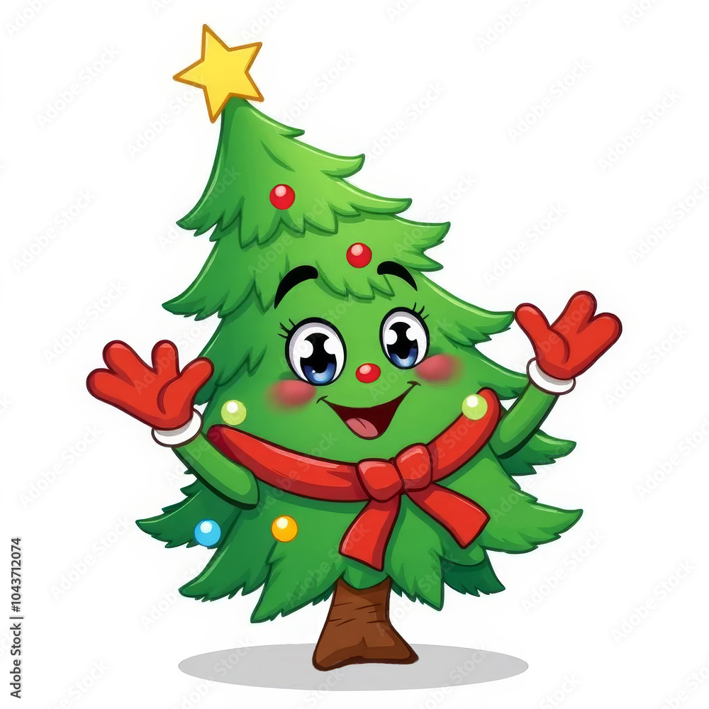 Fototapeta premium adorable depiction of a friendly Christmas tree character, decorated with festive baubles, twinkling stars, and a smiling face, bringing warmth and joy to the holiday season atmosphere