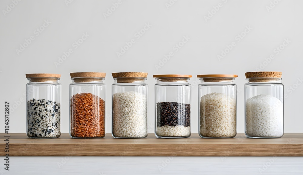 Detailed photograph of seven glass jars containing different types of rice, placed on a table against a white background, Detailed photograph of seven glass jars containing different types of rice, placed on a table against a white background,