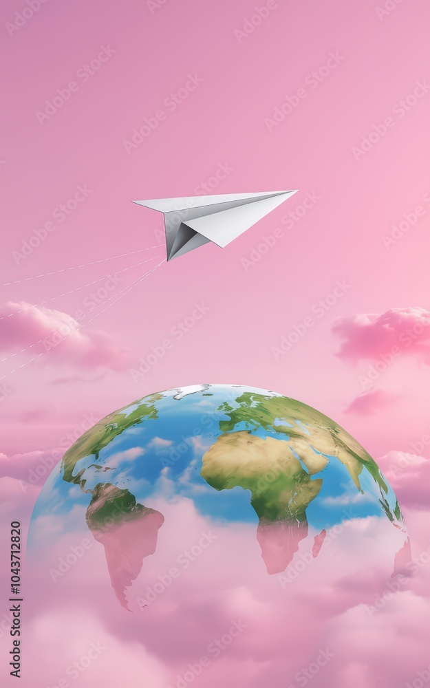 Fototapeta premium Futuristic Paper Airplane Gliding Over Earth