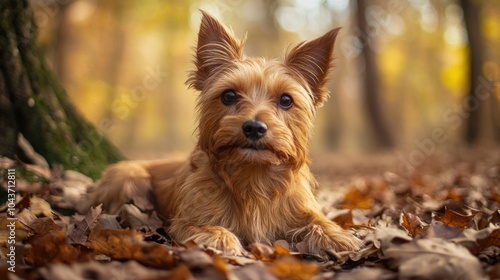 Small dog resting among leaves in a wooded area animal backdrop versatile for banners ample copy space