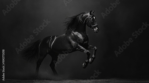 Dramatic image of a black horse standing on its hind legs