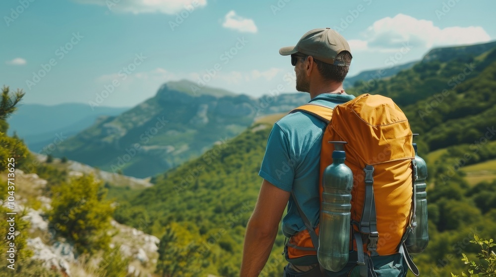 A man in sunglasses and a baseball cap hikes up a scenic mountain trail backpack and water bottle hinting at a day filled with . . A man in sunglasses and a baseball cap hikes up a scenic mountain trail backpack and water bottle hinting at a day filled with . .