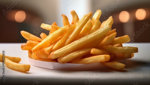 Hot and crispy golden french fries in a bowl or paper packaging with sunlight shining directly onto the fries; golden fries freshly cooked from the fryer is in display of a bowl or paper packaging