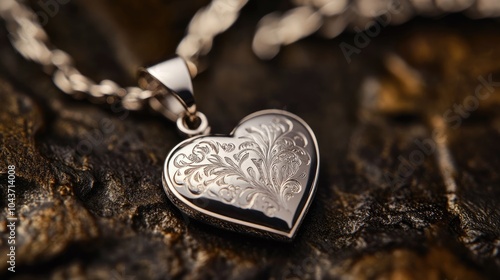 Intricate Details of Personalized Laser Engraving on a Silver Heart Pendant photo