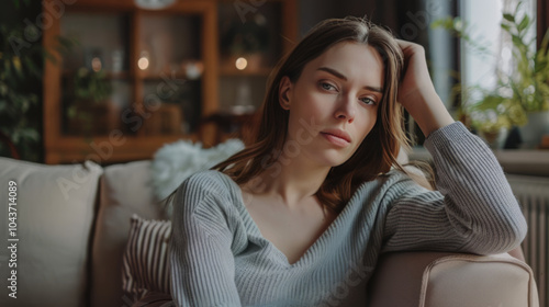 A woman sits indoors, holding her head with a look of frustration and deep thought, photo