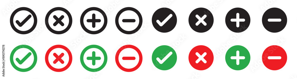 Green check mark, red cross mark icon set. Approval badge, tick symbols, checklist signs, Plus, minius sign. Vector illustration. Green check mark, red cross mark icon set. Approval badge, tick symbols, checklist signs, Plus, minius sign. Vector illustration.