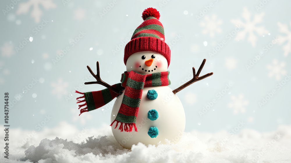 Obraz premium Whimsical Christmas snowman with a cozy scarf and hat, standing on a pristine white background, evoking a festive and joyful holiday spirit