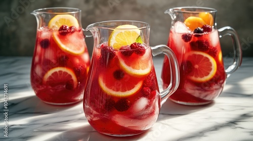 Wallpaper Mural Refreshing red sangria in glass pitchers featuring a mix of fresh berries and citrus slices served on a marble surface Torontodigital.ca