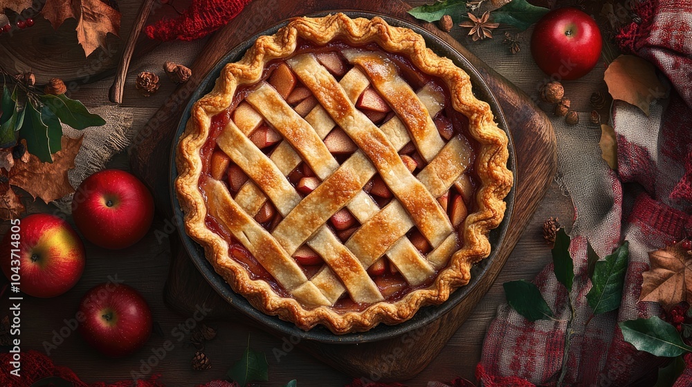 Festive holiday greeting card featuring a delicious apple pie Festive holiday greeting card featuring a delicious apple pie