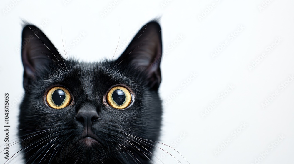 Close up of a startled black cat with wide open eyes against a white background conveying surprise and shock Space available for text related to pricing or shopping events Close up of a startled black cat with wide open eyes against a white background conveying surprise and shock Space available for text related to pricing or shopping events
