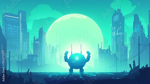 Robot in Futuristic City with Glowing Background