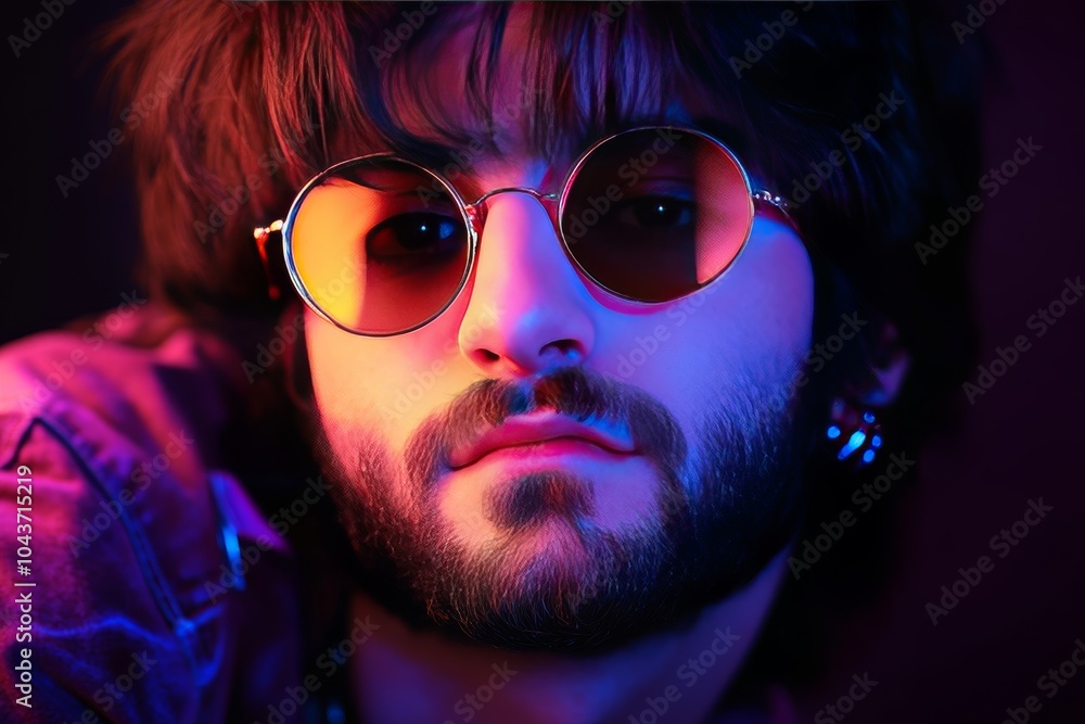 Portrait of a young man with wavy hair and round sunglasses standing against a dramatic red and blue lighting backdrop capturing the bold retro vibe of urban street style Portrait of a young man with wavy hair and round sunglasses standing against a dramatic red and blue lighting backdrop capturing the bold retro vibe of urban street style