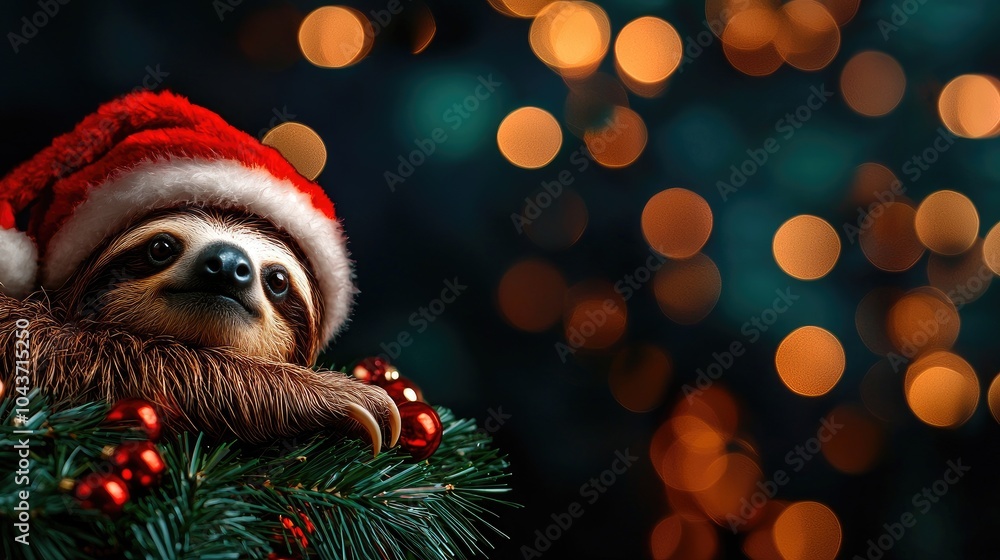 Christmas Background, Adorable sloth wearing a Christmas hat against a festive bokeh background. Christmas Background, Adorable sloth wearing a Christmas hat against a festive bokeh background.