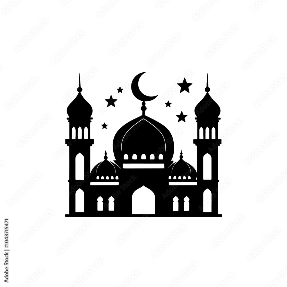 Silhouette of Mosque with Crescent and Stars Silhouette of Mosque with Crescent and Stars