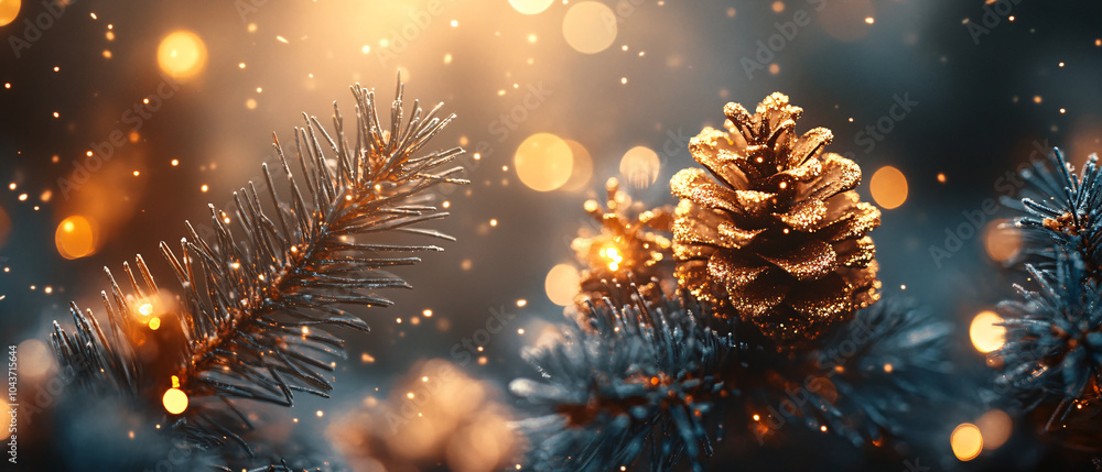 Festive Golden Pine Cone with Bokeh Lights on Evergreen Branch Festive Golden Pine Cone with Bokeh Lights on Evergreen Branch