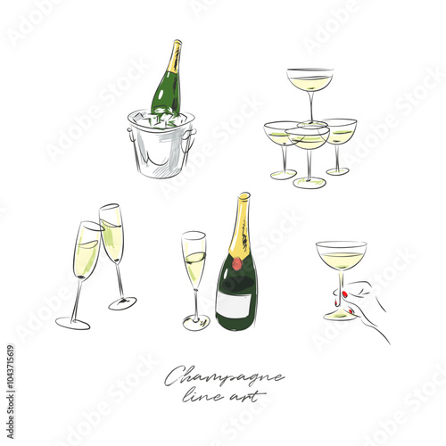 Line art drawings of champagne, hand raising glass and champagne bucket. Doodle style illustration, graphic decorative elements