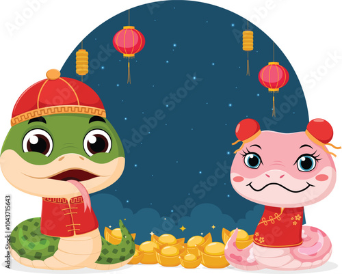 2025 Chinese New Year of Snake background, with gold ingot and traditional clothing