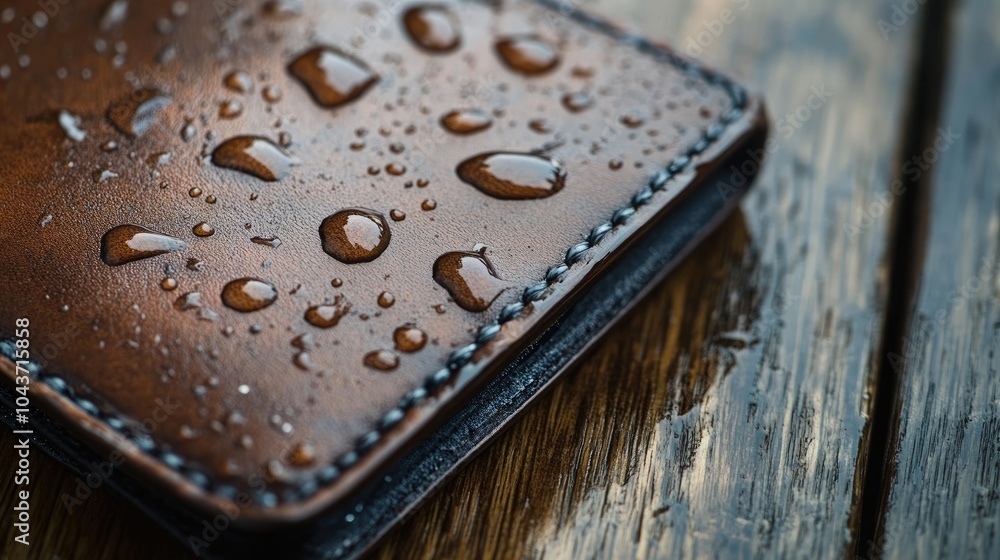 A close up view of a wet leather wallet adorned with glistening rain droplets resting on a wooden surface showcasing the effects of recent rainfall A close up view of a wet leather wallet adorned with glistening rain droplets resting on a wooden surface showcasing the effects of recent rainfall