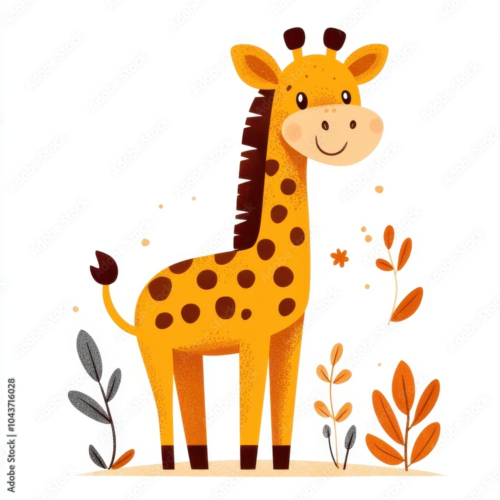 Fototapeta premium Cute cartoon giraffe with brown spots, smiling, surrounded by colorful leaves.