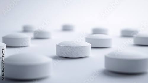 Capture the essence of pharmaceutical tablets with soft diffused lighting against a clean white background featuring multiple tablets