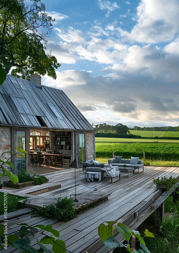 Obraz premium A rustic countryside barn converted into a modern home with a large wooden deck and lush green fields surrounding it