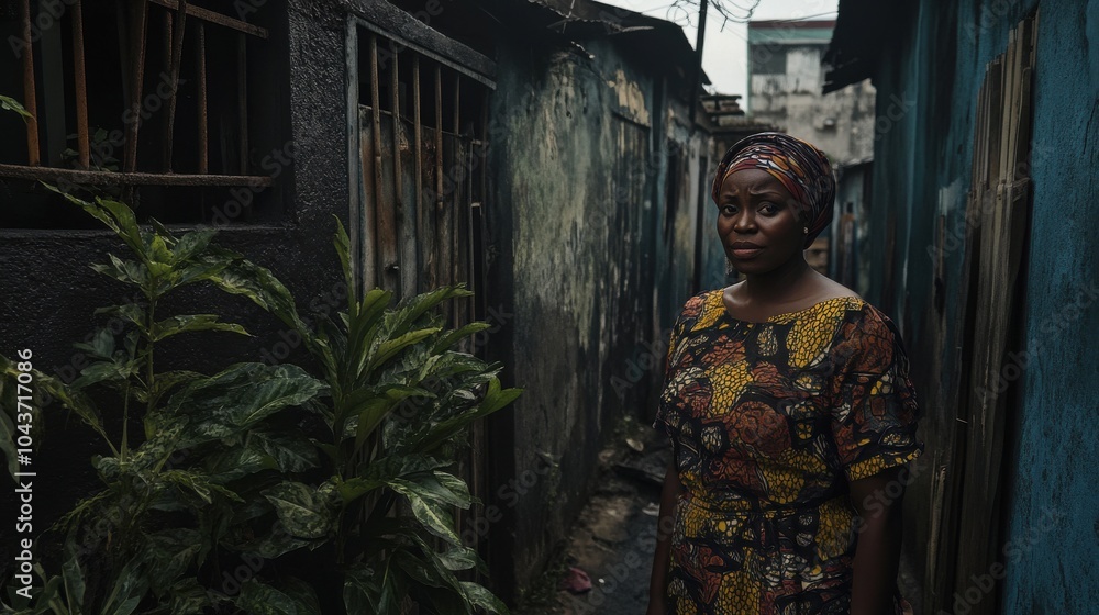 African woman in traditional dress standing in narrow alley African woman in traditional dress standing in narrow alley