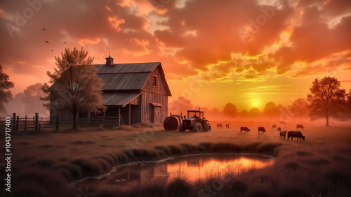 A Rustic Barn at Sunset with Grazing Cows, a Tranquil Pond, and a Scattering of Hay Bales Reflecting the Serenity of Rural Life