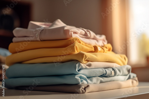 Neatly folded shirts and t-shirts stacked on a wooden table Close-up of different folded clothes on table. Textile fabric colour fashion clothes