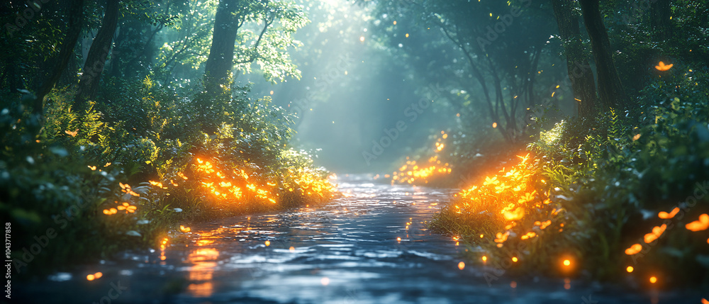 Enchanted Forest Stream With Glowing Fireflies at Night Enchanted Forest Stream With Glowing Fireflies at Night