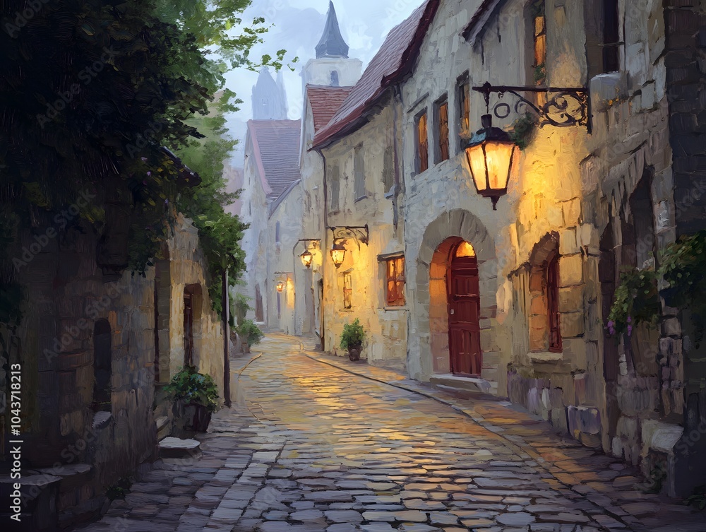 Fototapeta premium Enchanting Cobblestone Street in a Fairy-tale Medieval Town at Twilight