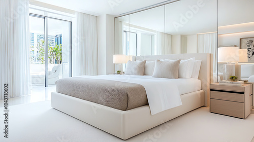 Elegant chic master bedroom featuring mirrored wardrobe and luxurious bedding with bright natural light