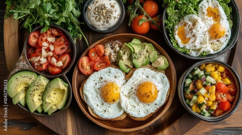 Tasty breakfast spread with avocado toast poached eggs assorted fresh vegetables and a refreshing side salad