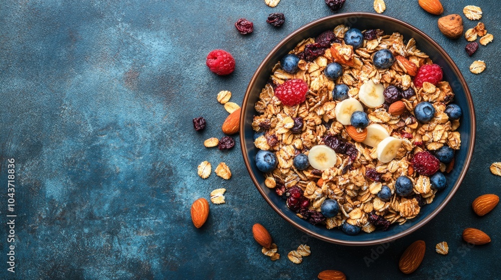 Delicious muesli served in a plate on a table Aerial view with ample space available for your text Delicious muesli served in a plate on a table Aerial view with ample space available for your text