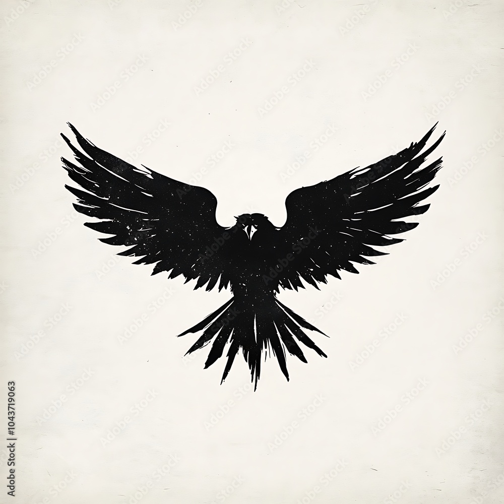 Obraz premium A black silhouette of a hawk with its wings spread against a white background.