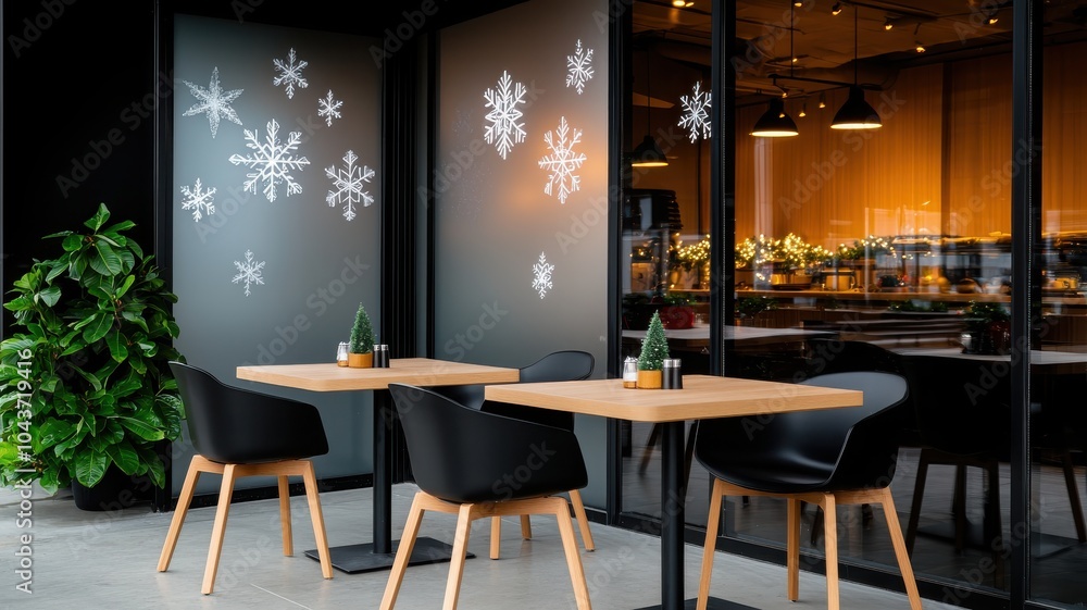 Obraz premium Modern cafe interior with snowflake decorations and stylish wooden furniture.