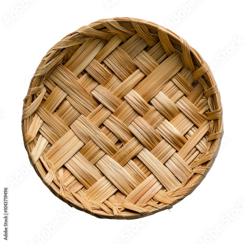 Woven Basket, round, intricate patterns, natural fibers, handcrafted texture, rustic charm, traditional craftsmanship. Isolated on white background or PNG photo