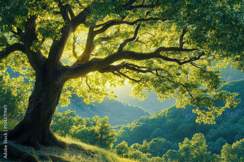 A large tree with a lot of leaves is in the foreground of a lush green forest A large tree with a lot of leaves is in the foreground of a lush green forest