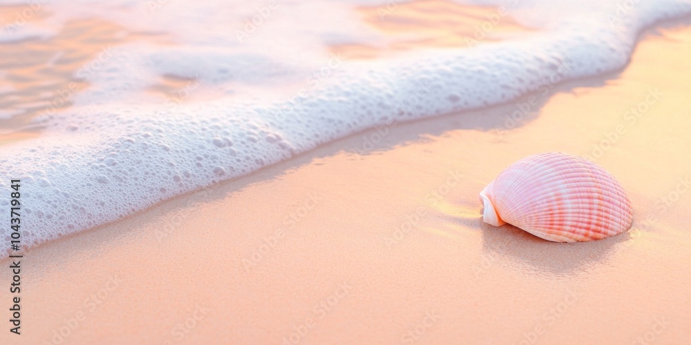 Tranquil sunset over a sandy beach with gentle waves and a seashell
