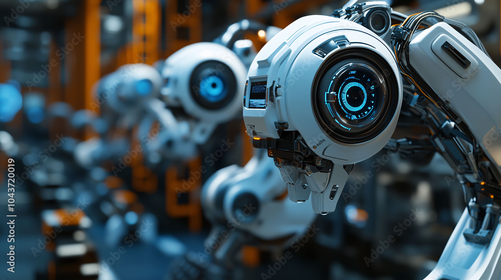 Fototapeta premium A robot with a blue eye is in a factory