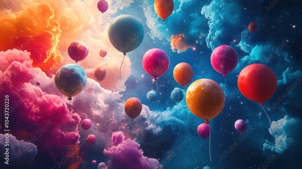 Colorful balloons float in a dreamy sky with pink, blue and orange clouds. Colorful balloons float in a dreamy sky with pink, blue and orange clouds.