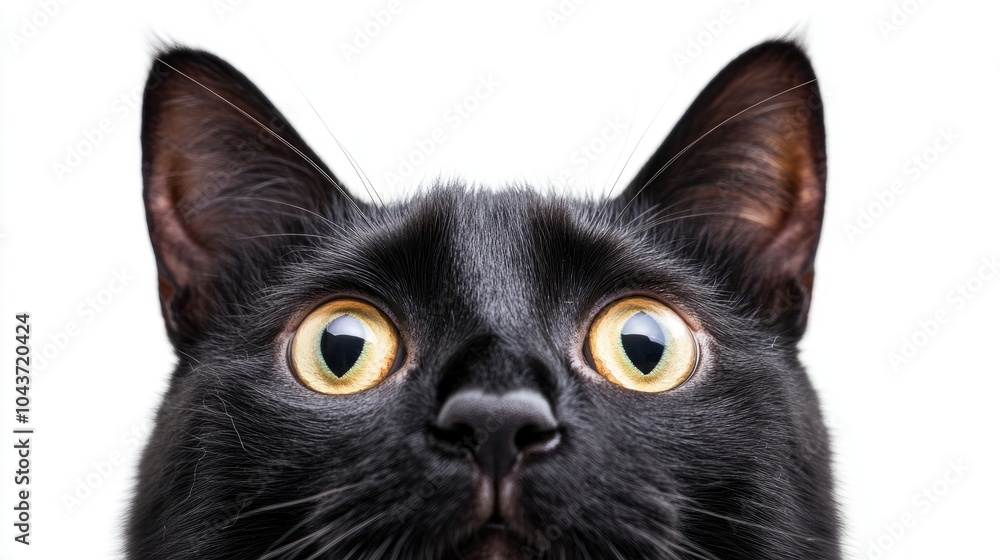 Close up of a startled black cat with wide open eyes against a white background conveying surprise and shock Space available for text related to pricing or shopping events Close up of a startled black cat with wide open eyes against a white background conveying surprise and shock Space available for text related to pricing or shopping events