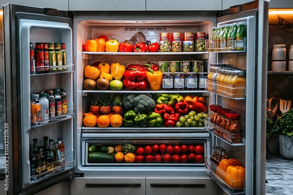 Well-Stocked Refrigerator with Fresh Produce Well-Stocked Refrigerator with Fresh Produce