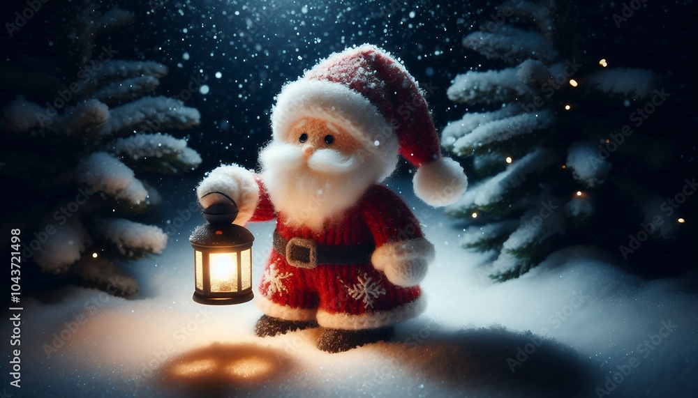Obraz premium christmas knitted doll:Whimsical Christmas Scenes Featuring Festive Characters, a snow-covered village, Christmas Eve night, Santa Claus, reindeer and sledding,
